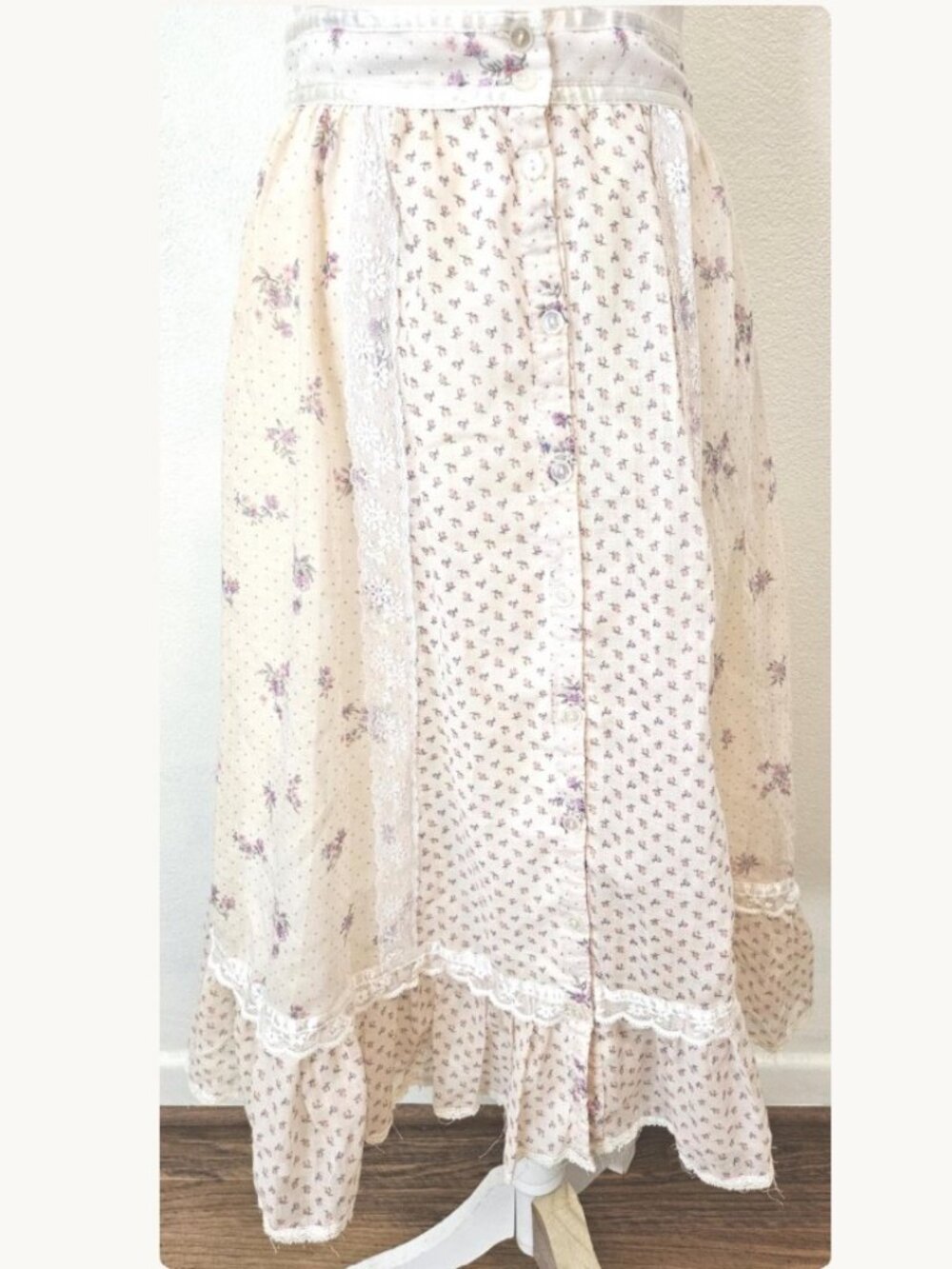 Gunne Sax Pink Purple White Floral Print Button Lace Maxi Skirt